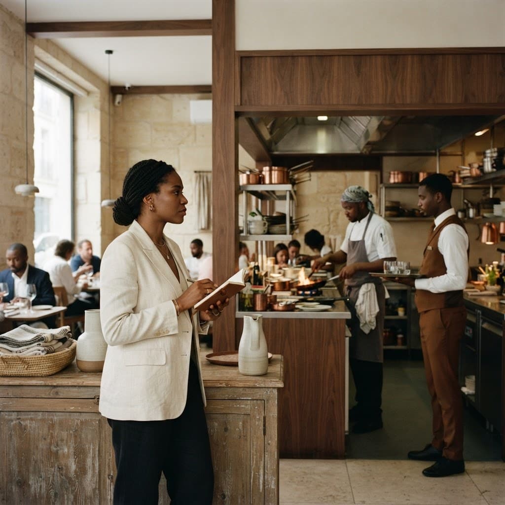 A restaurant team working in the dining room and kitchen